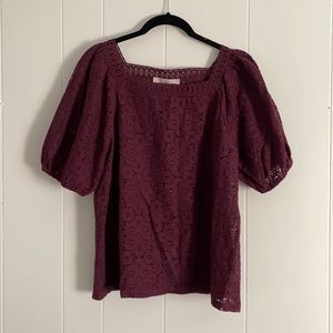 LOFT Maroon Crochet Eyelet Blouse Size MEDIUM